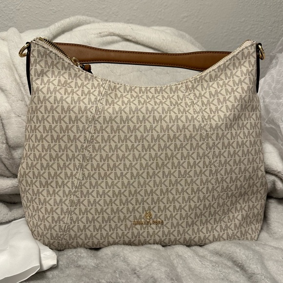 Michael Kors Handbags - Michael Kors - Cream MK Logo Tan Gold Handbag